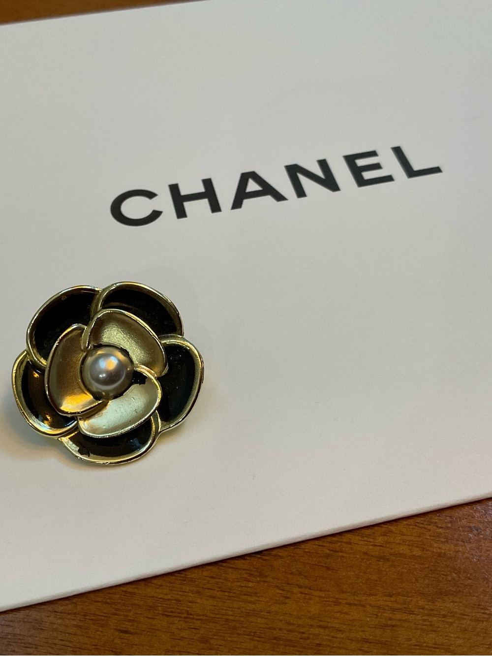 CHANEL Gold and Black Camellia Charm with Pearl Accent AUTHENTIC